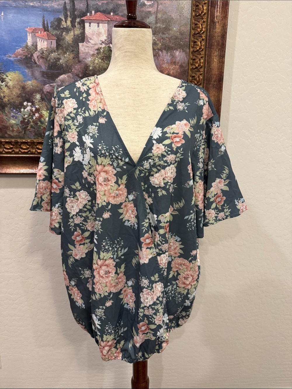 Bloomchic Floral V-Neck Blouse in Teal with Pink Bloom Print